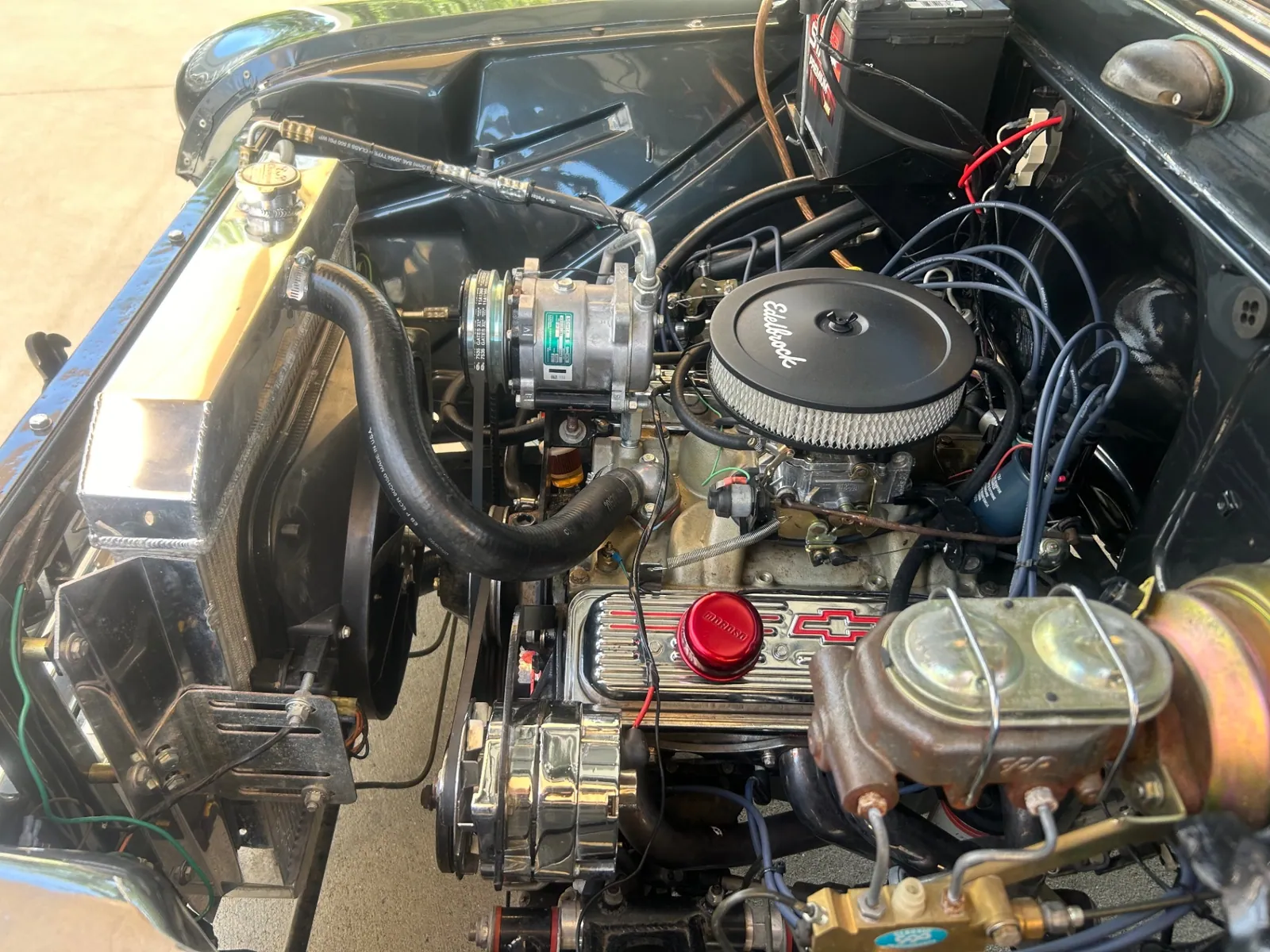 Engine bay of the 1957 Chevrolet 3100