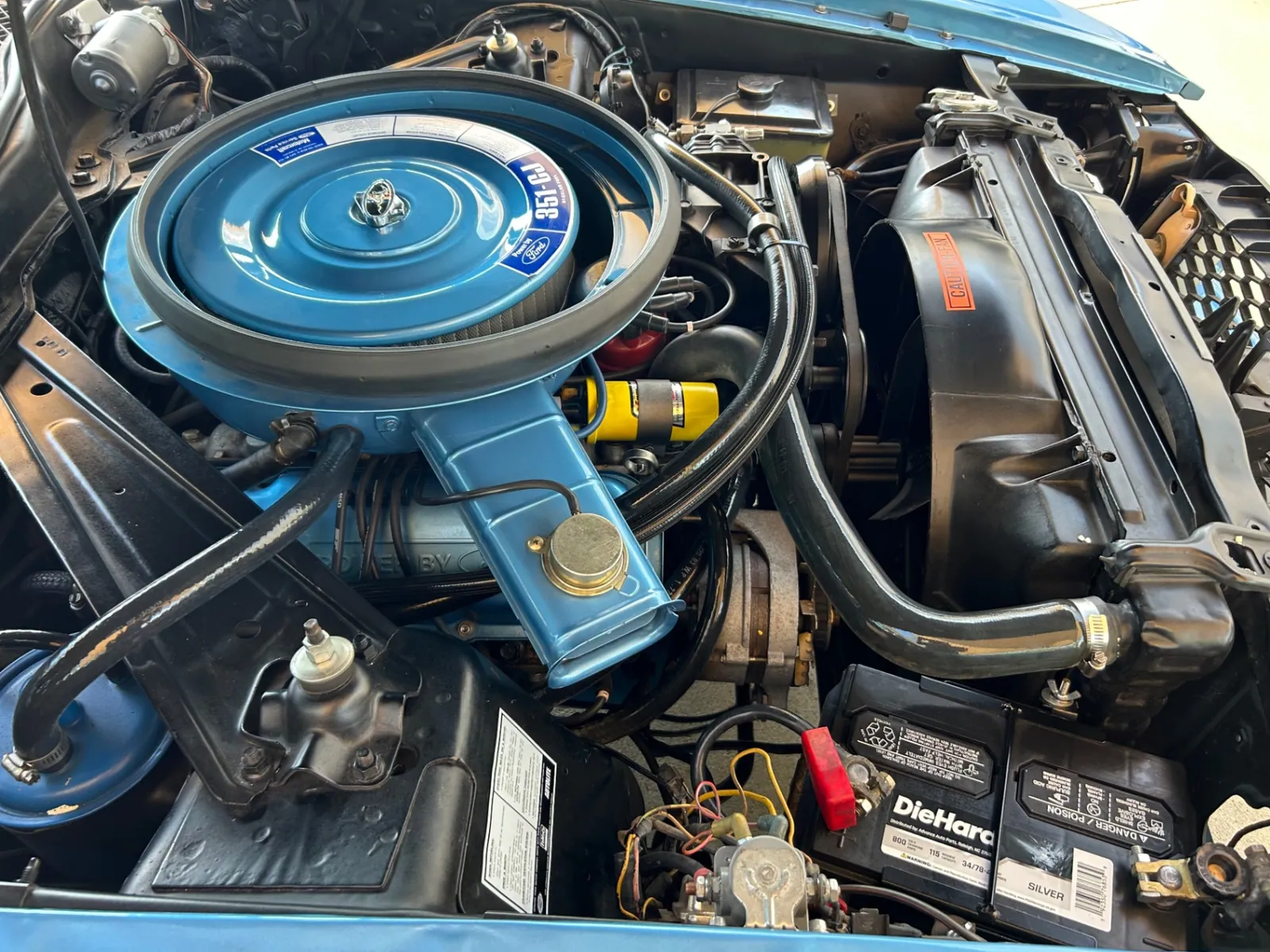 Engine bay of the 1973 Ford Mustang Mach 1